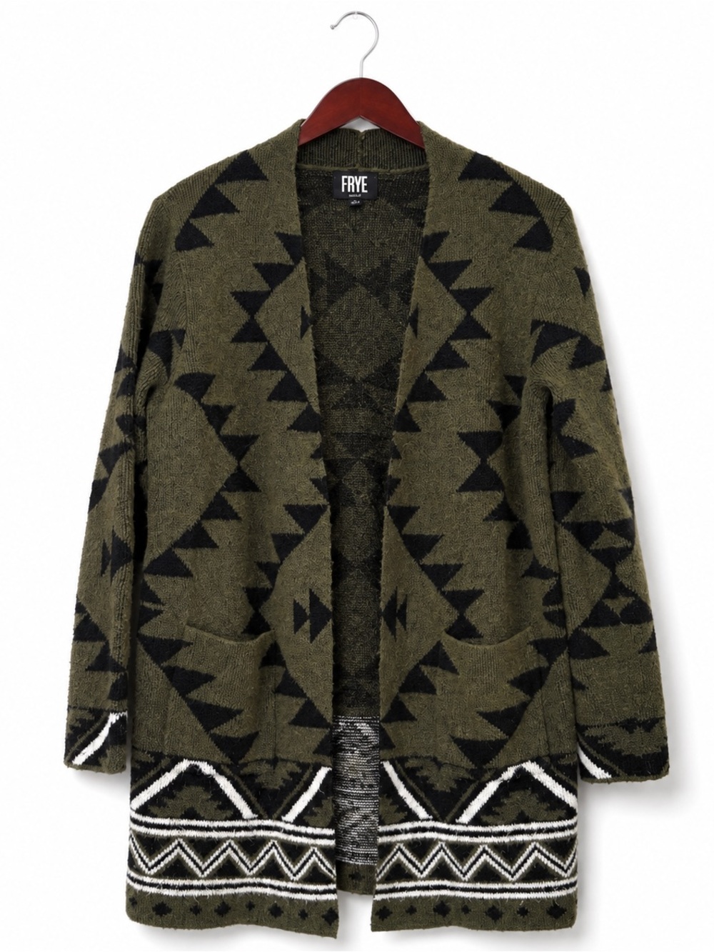 Frye Aztec Southwestern Cardigan Olive Green Black Geometric Medium